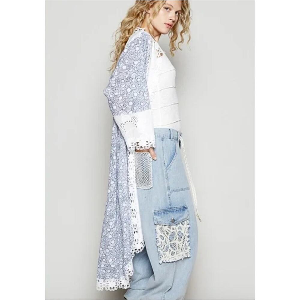 POL NEW Lace Trim Blue Floral Daisy Long Kimono Jacket Light Medium